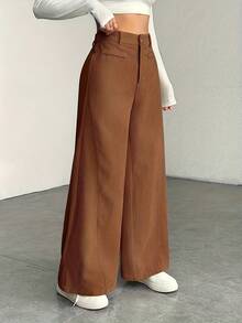 Pantalones de Mujer de Cintura Alta y Pierna Ancha - Textura de Pana, Pantalones Casuales, Cómodos para Todas las Estaciones, Lavables a Máquina - [Cafetería] - Ver 2