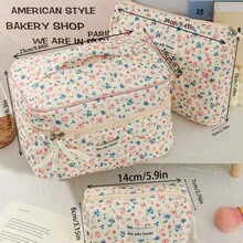 3pcs Set, Large/Medium/Small Multi-Size Large Capacity Layered Storage, Fresh Pastoral Ins Style Soft Lightweight Non-Pressing Luggage, Diamond Quilted Thickened Padded Skin-Friendly Breathable Water-Resistant Fabric, Portable Cosmetic Storage Bag, Korean Healing Floral Girly Style, Cream White Base Full Print Pink Blue Mini Wild Flower Plant Print, 3D Square Full Body Design Resistant To Collapse And Deformation - Multicolor - View 4