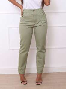 Women's Traditional Jeans With Metal Button - Olive Green - View 3