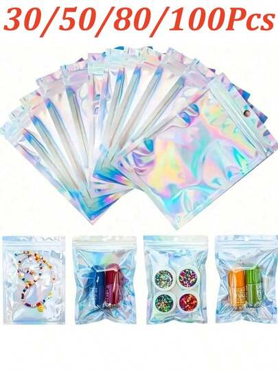 30/50/80/100Pcs Holographic Resealable Packaging Bags, Cute Plastic Colorful Odor-Proof Zipper Foil Bags Holographic Bags Food Storage Bags Jewelry Bags For Small Business
