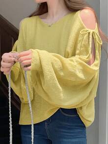 European Style Batwing Sleeve Sweater For Spring/Summer, Loose Top With V-Neck And Lantern Sleeves. - Lemon Yellow - View 3