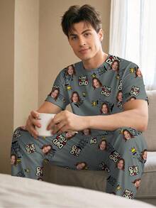 Conjunto de pijama personalizado para hombres, se puede imprimir cualquier patrón, pijama personalizado con fotos, adecuado para novio, amigos, de moda para otoño, fiesta de vacaciones - Negro - Ver 4
