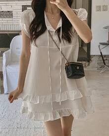 New Korean-Style Summer Collection For 2026: A Sweet And Gentle Mini Dress With Double Ruffles And A Ribbon Tie, Featuring A Half-Open Collar. - White - View 7