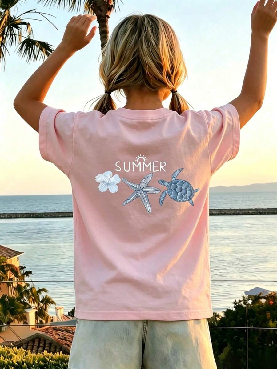 1件青少年女孩印花短袖T恤,學生青年服飾,夏季禮物 - 粉色 - 查看 1