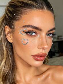 Silver Heart-Shaped Round 3D Glitter Face Gems, Y2K Self-Adhesive Rhinestones, DIY Concert Disco Party Shiny Face Decoration - Silver - View 5
