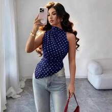 Sleeveless Blouse With High Neck And Polka Dots For Women, Gathered Waist, Irregular Asymmetric Hem, Ideal For The Office, Everyday Wear, Casual Occasions And Urban Outfits. - 藏蓝色 - 查看 1