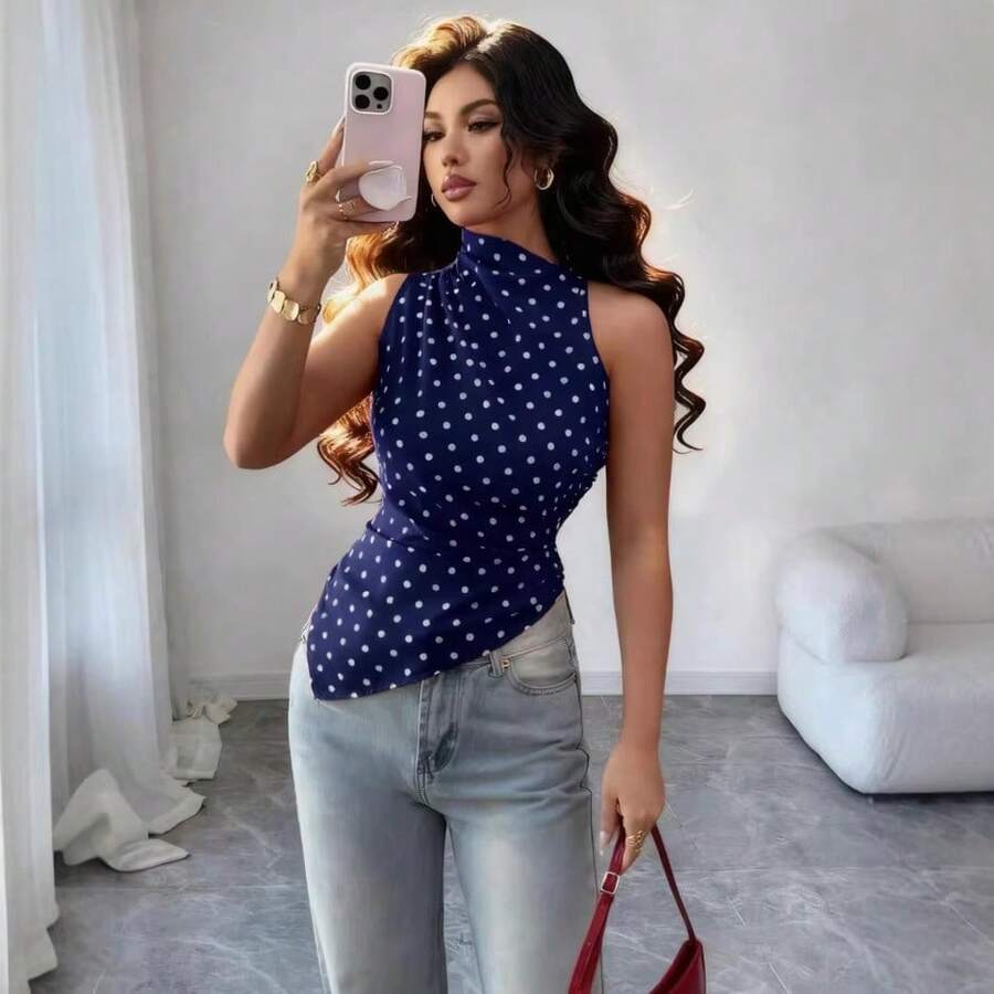 Sleeveless Blouse With High Neck And Polka Dots For Women, Gathered Waist, Irregular Asymmetric Hem, Ideal For The Office, Everyday Wear, Casual Occasions And Urban Outfits. - 藏蓝色 - 查看 1