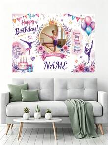 Customizable Name Photo Age Gymnastics Girl & Ballerina Theme Happy Birthday Watercolor Gymnastics Pose Silhouette, Triangle Bunting, Balloons, Floral Cake Elements, Encouraging Slogan Matching Gymnastics Dream Theme, Suitable For Gymnastics & Ballet Girl Birthday Party, Training Team Celebration, Sports Theme Photo Backdrop Vinyl Banner - Multicolor - View 7