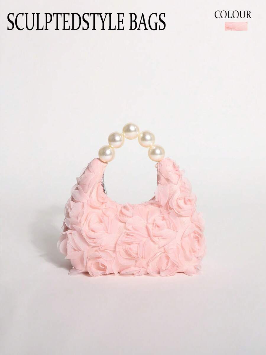 3D stereoskopische Rosenblumen Hobo-Tasche, Premium Perlen-bestickte Handtasche, süßer Stil Damen-Tragetasche, rosa Mesh-Jacquard elegante Handtasche - Pink - Übersicht 1