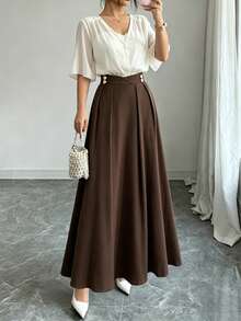 Women High-Waisted Solid Color Pleated A-Line Skirt, For Commuting Spring - Coffee Brown - View 2