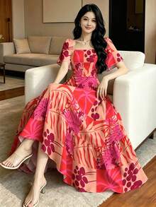 Turtle Leaf, Coconut Tree, Scattered Leaf And Small Flower Plant Silhouette, Square Neck And Short Sleeve Dress With Ruffle Design At The Hem, Summer Vacation Style - Multicolor 6 - View 9