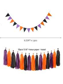 1Set Halloween Themed Baby Shower Decorations Paper Flower Pom Poms Triangle Flag Streamer Set - Multicolor - View 3