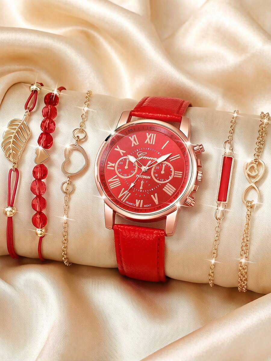 1pc Fashion PU Leather Strap Alloy Quartz Watch - Red - View 1