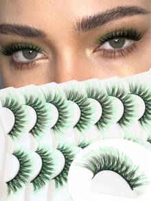 7 Pairs Green Cotton Thread Black Stem Dense Fish Tail Style False Eyelashes, Suitable For Festivals, Parties, Gatherings And Other Holiday Occasions, 20mm - 彩色 - 查看 3