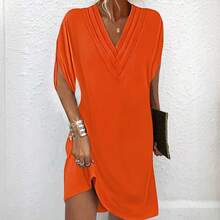 Vestido de mujer europeo y americano de primavera/verano 2026 con cuello en V, plisado y mangas de murciélago. - Negro - Ver 4