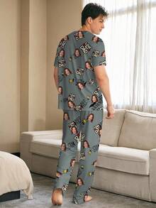 Conjunto de pijama personalizado para hombres, se puede imprimir cualquier patrón, pijama personalizado con fotos, adecuado para novio, amigos, de moda para otoño, fiesta de vacaciones - Negro - Ver 2