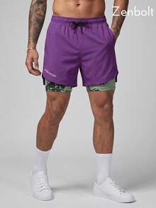 Zenbolt Men's 2-In-1 Elastic Waist Shorts,Camo Liner Inside, Side Letter Print Gym Clothes Men, Adjustable Drawstring For Daily Casual Matching - Purple - View 2
