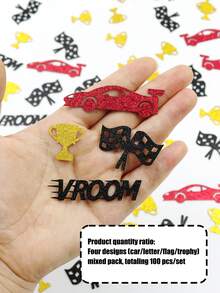100pcs/Set Red Racing Theme Glitter Confetti, Vroom Racing Checkered Flag Trophy Table Scatter Confetti, Suitable For Boys Children Birthday Party Decoration, Racing Party Supplies - Red and Black - View 2
