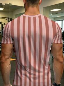 Camiseta deportiva casual de verano de manga corta, diseño a rayas en coral rosa suave, tela ligera de poliéster, ajuste cómodo para gimnasio o uso diario. - Negro - Ver 2