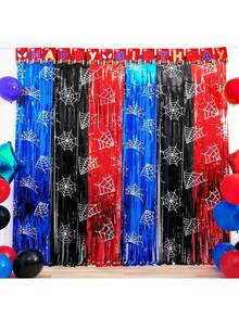 Rot Schwarz Blau Spinnen Geburtstags Party Dekoration, Spinnennetz Muster 3,3 X 6,6ft Folien Fransen Hintergrund, glänzender Garn Fotostudio Requisite, geeignet für Spinnen Party Zubehör, Halloween Party Dekoration, Horror Atmosphäre Dekoration - mehrfarbig - Übersicht 1