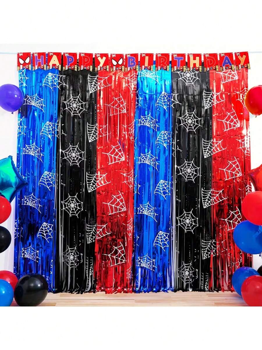 Rot Schwarz Blau Spinnen Geburtstags Party Dekoration, Spinnennetz Muster 3,3 X 6,6ft Folien Fransen Hintergrund, glänzender Garn Fotostudio Requisite, geeignet für Spinnen Party Zubehör, Halloween Party Dekoration, Horror Atmosphäre Dekoration - mehrfarbig - Übersicht 1
