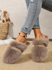 Fashionable Versatile Long Fur Faux Thermal Lined Warm Slippers With Buckle Closed Toe Non-Slip Sole For Indoor And Outdoor Wear - Khaki - View 3