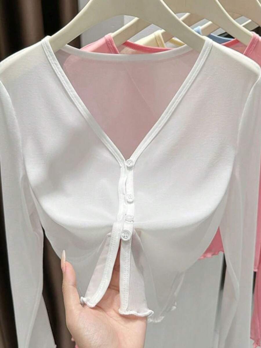 1件冰感黑色V領薄款防曬開襟衫,2026透視設計涼感上衣 - 彩色 - 查看 1