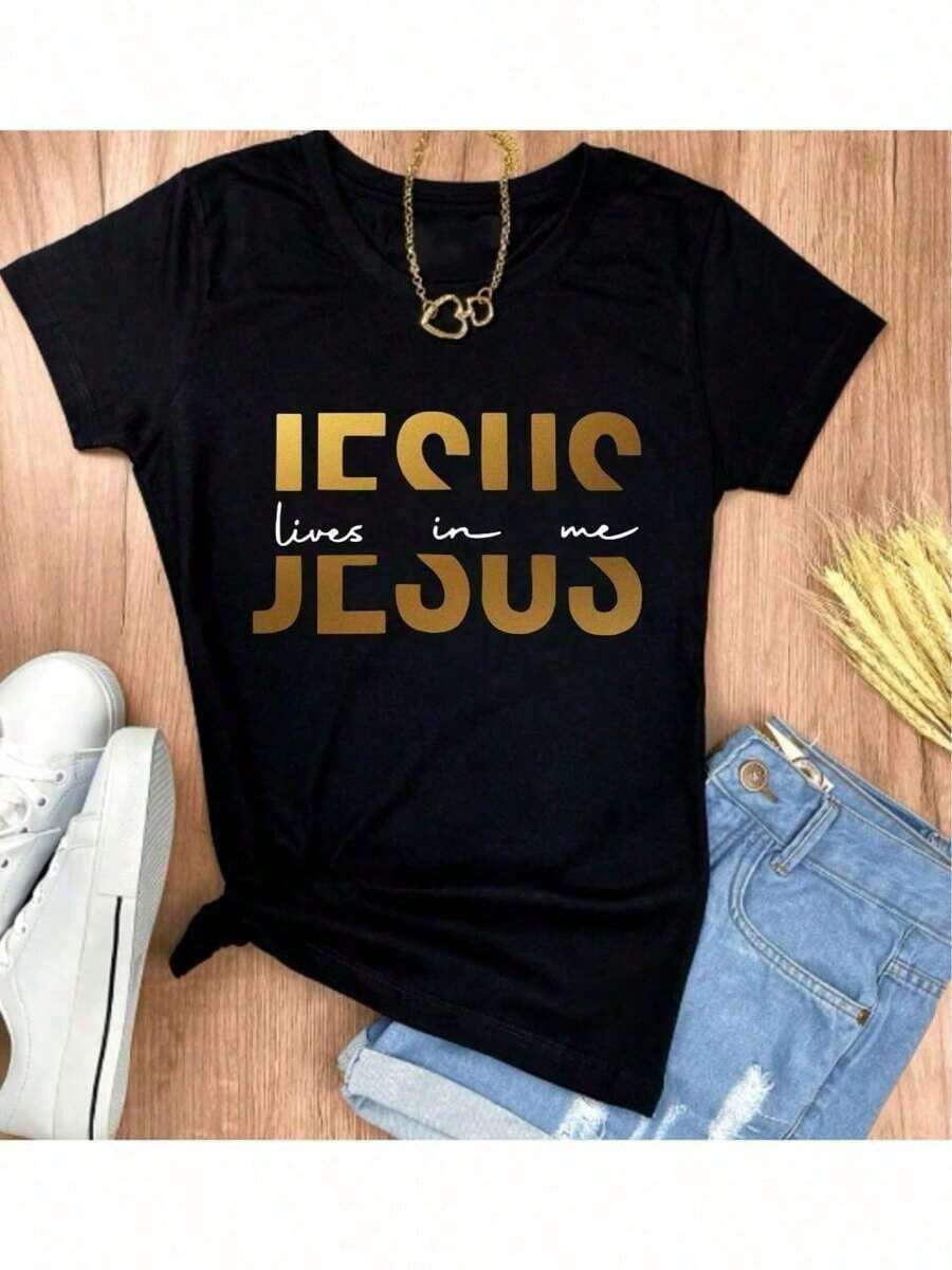 Camiseta de Jesús Cristo, Moda Evangélica, Camiseta de Cotton Algodón con Mensaje Gospel - Negro - Ver 1