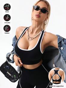 2pcs Seamless Contrast Color Yoga Set For Women, Halter Halter Cutout Back With Padded Yoga Bra, High Elasticity And Sports Black - Black - View 2