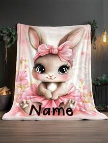 Personalized Floral Rabbit Blanket, Customizable Name, Light Pink Bow Design, Soft All-Season Travel Blanket, Suitable For Sofa, Ideal Birthday Gift For Children - Multicolor - View 2