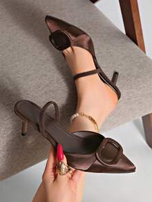 Women's Velvet-Effect Applique Pointed Toe High Heel Shoes - Brown - View 3