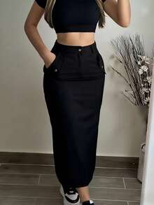 Women's Utility Style High Waist Slimming Slit Straight Skirt With Pockets - Black - View 5