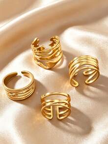 4pcs Summer Elegant Stainless Steel Asymmetrical Hollow Line Women's Ring Set, Suitable For Daily Wear, Date, Holiday Accessories, Open Adjustable - Gold - View 3