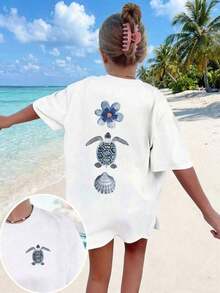 Short-Sleeved T-Shirt With Round Neck And Hawaiian Floral And Letter Print For Girls, Casual And Modern Style, Ideal For Everyday Outings And Holidays, Hawaiian T-Shirt For The - 黑色 - 查看 1
