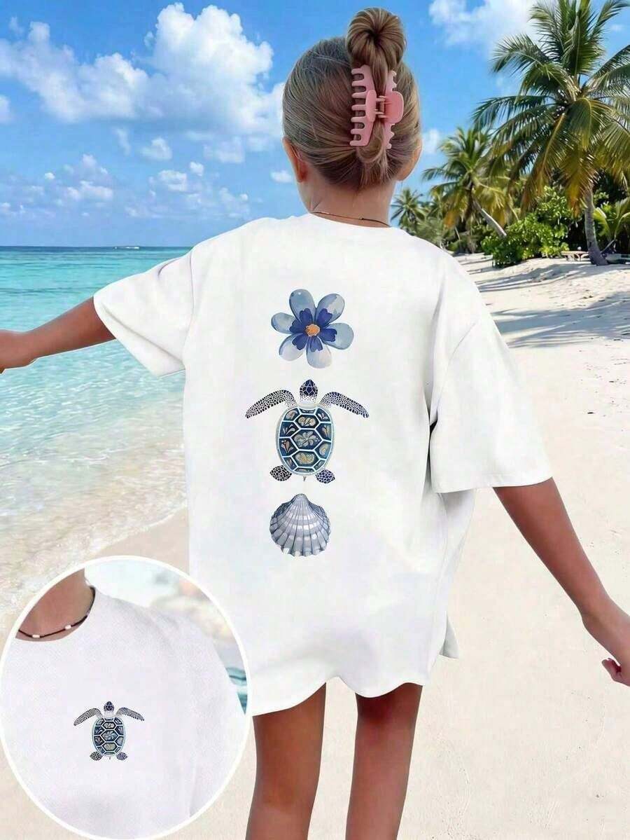 Short-Sleeved T-Shirt With Round Neck And Hawaiian Floral And Letter Print For Girls, Casual And Modern Style, Ideal For Everyday Outings And Holidays, Hawaiian T-Shirt For The - 黑色 - 查看 1