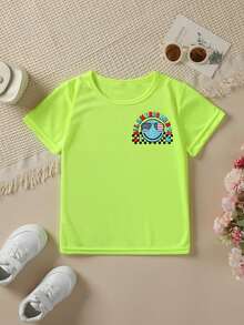 Fashionable Short-Sleeved T-Shirt For Boys 'American Independence Day' 'ALL AMERICA BOY' With Plaid Elements And Double-Sided Cartoon Print, Casual Outdoor Top - 粉色 - 查看 2
