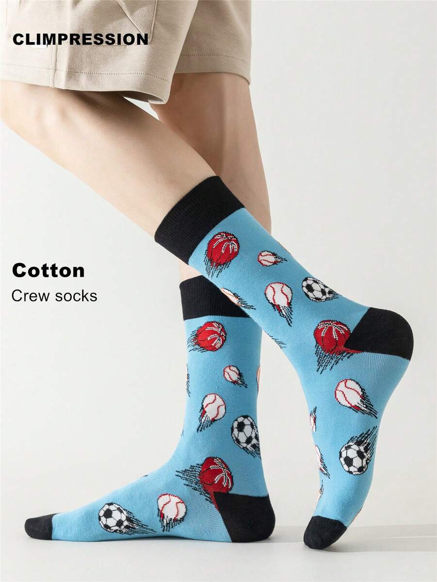 CLIMPRESSION Cotton Unisex Creative Multi-Sport Ball Mid-Calf Socks, Light Blue Basketball Baseball Football Pattern Mid-Calf Socks - Baby Blue - View 1