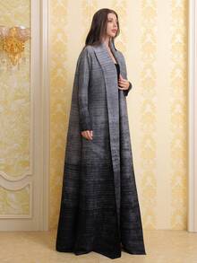 Middle East Grey Printed Pleated Long Robe, Dubai Style Elegant Plus Size Cardigan, Arabic Women's Abaya, Kaftan (Exclusive Design). Z514 - Grey - View 6