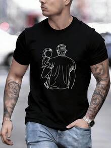 Camiseta de manga corta casual de verano para hombre con estampado de un hombre sosteniendo a un niño. - Multicolor - Ver 1