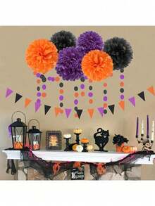 1Set Halloween Themed Baby Shower Decorations Paper Flower Pom Poms Triangle Flag Streamer Set - Multicolor - View 7