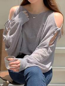 European Style Batwing Sleeve Sweater For Spring/Summer, Loose Top With V-Neck And Lantern Sleeves. - Silvery Grey - View 5