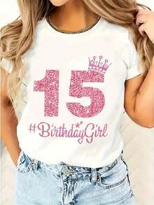 Women's 100% Cotton T-Shirt 15 Lt's My Birthday Pink Crown Happy, Women's Thick Cotton T-Shirt 180g For Christmas (1 Piece) - 白色 - 查看 1