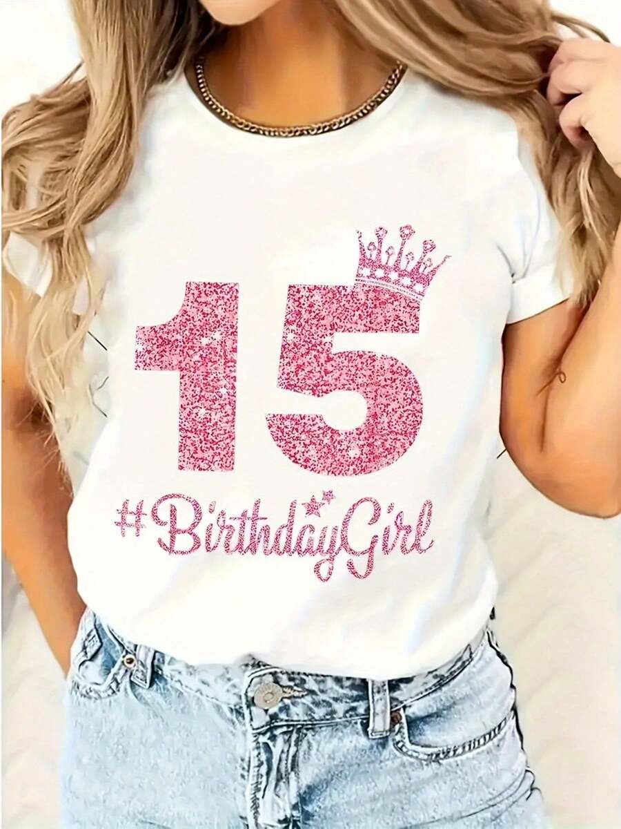 Women's 100% Cotton T-Shirt 15 Lt's My Birthday Pink Crown Happy, Women's Thick Cotton T-Shirt 180g For Christmas (1 Piece) - 白色 - 查看 1