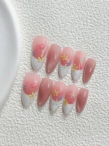 10pcs French Soft Gel Press-On Nails, Polygel Nail Art Set, Floral Pattern, Pink Blue Yellow White Nail Polish, Sweet & Cool Style, Includes Nail Tools, 3 Sizes Available, Almond/Duck/Coffin Shape, Suitable For Party, Dancing, Daily Wear Handmade Press On Nails - 彩色 - 查看 18