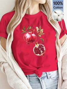 2026 Women's Blouses [New Summer Arrival] Women's Delicious Pomegranate Print T-Shirt, Casual & Holiday Wear, Short Sleeve, Round Neck, Spring/Summer Clothing - 紅色 - 查看 1