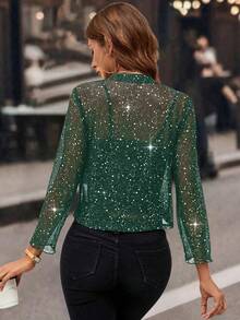 Women's Glitter Sequin Cardigan Jacket, Pleated Fabric With Gold Foil, 3/4 Sleeves, Business Casual For Women - 綠色的 - 查看 2
