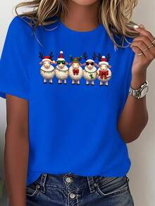 NUEVA Camiseta Navideña de Oveja para Mujer - Camiseta 100% casual, decorada con lindas caras de oveja y accesorios festivos (astas/coronas), una camiseta cómoda adecuada para todas las esta - Azul - Ver 1