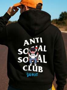 Sudadera Con Capucha De Cuello Redondo Para Hombre Con Estampado De Anti Social Columpio Bolsillo Canguro Y Cordón, Manga Larga, Suelta Y Casual, Ideal Para Regalar Como Ropa De Hombre Frent - Negro - Ver 1