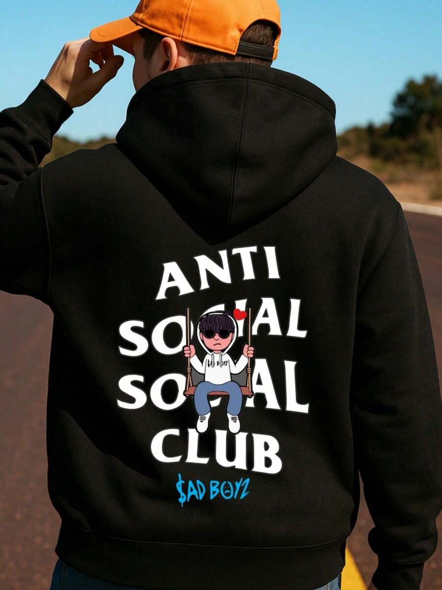 Sudadera Con Capucha De Cuello Redondo Para Hombre Con Estampado De Anti Social Columpio Bolsillo Canguro Y Cordón, Manga Larga, Suelta Y Casual, Ideal Para Regalar Como Ropa De Hombre Frent - Negro - Ver 1