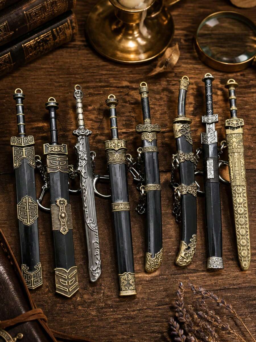 1pc Traditional Chinese Craft Mini Sword Keychain, Vintage Embossed Zinc Alloy Key Accessory, Holiday Gift For Ancient Culture Collectors - Multicolor - View 1